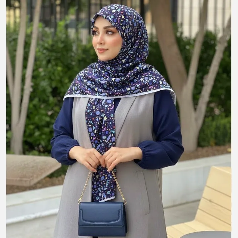 روسری نخ طرح ماهور سرمه ای اشکال هندسی ریز روزمره و مهمانی
