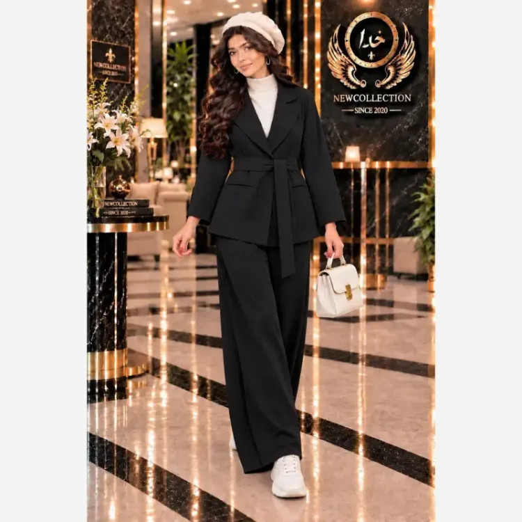 کت و شلوار زنانه جنس سوپرمازراتی اعلا مدل ملکه رنگ مشکی و کرم خاص سایز 38 تا 46 فری