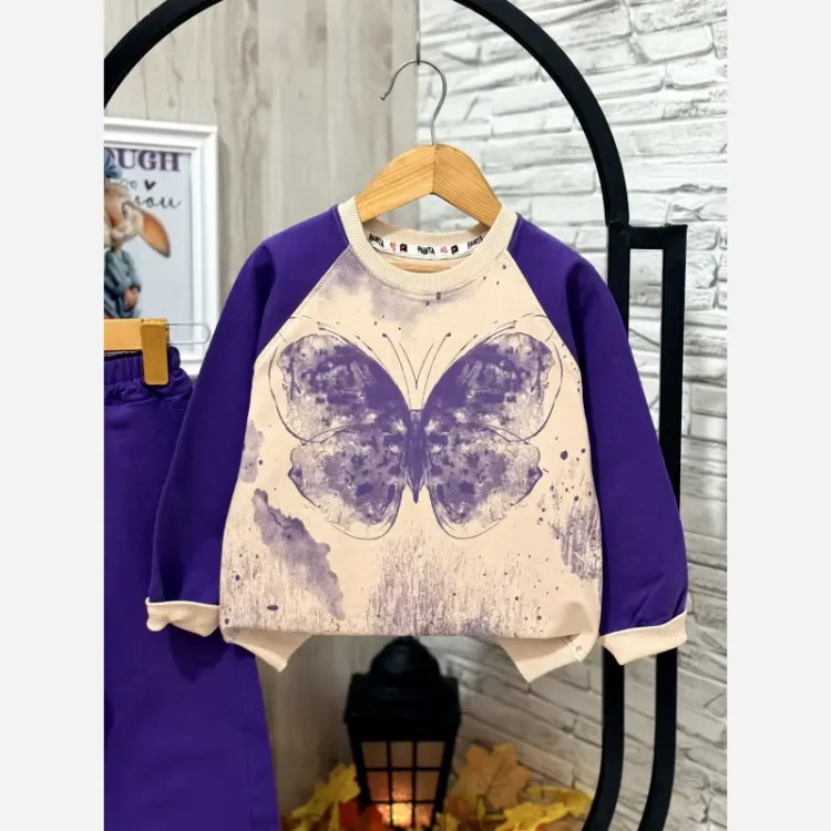 ست بلوز شلوار بگ دخترانه طرح پروانه دورس دو نخ گرم بالا
